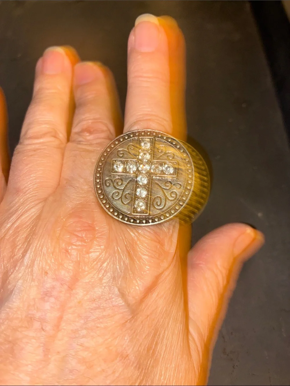 Vintage-Inspired Bronze Cross Accent Ring - Brown/Gold